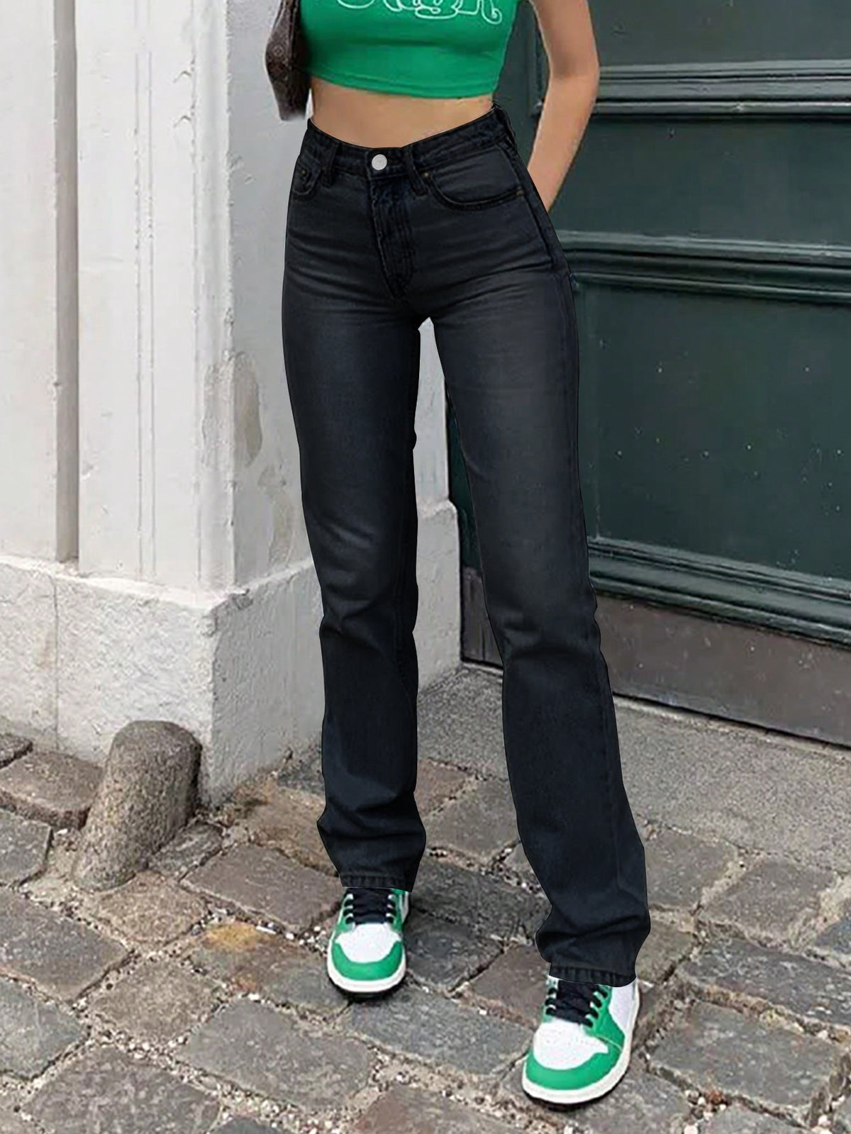 Women's Mid Waist Baggy Straight Jeans – Y2K Splicing - Black