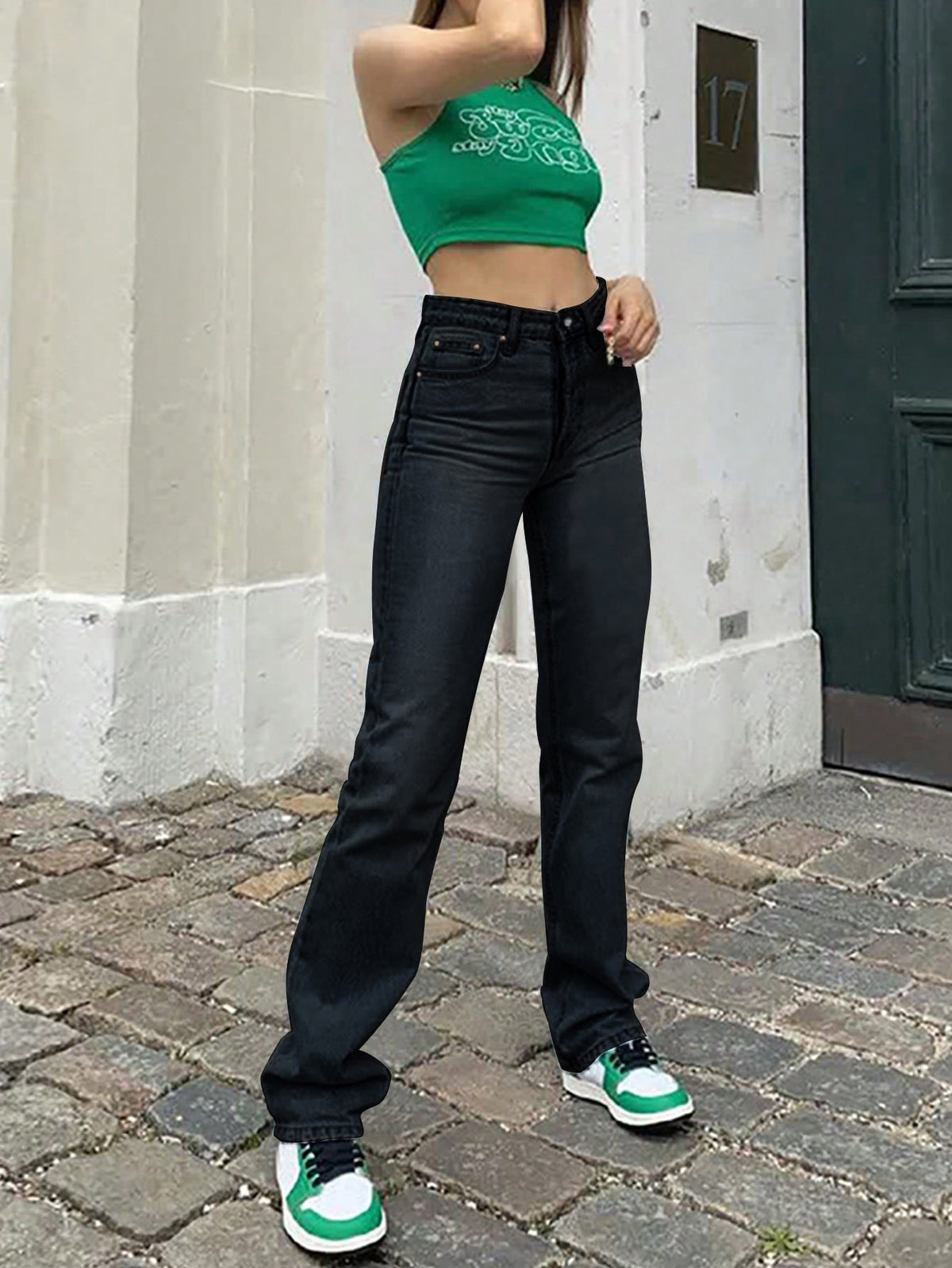 Women's Mid Waist Baggy Straight Jeans – Y2K Splicing - Black