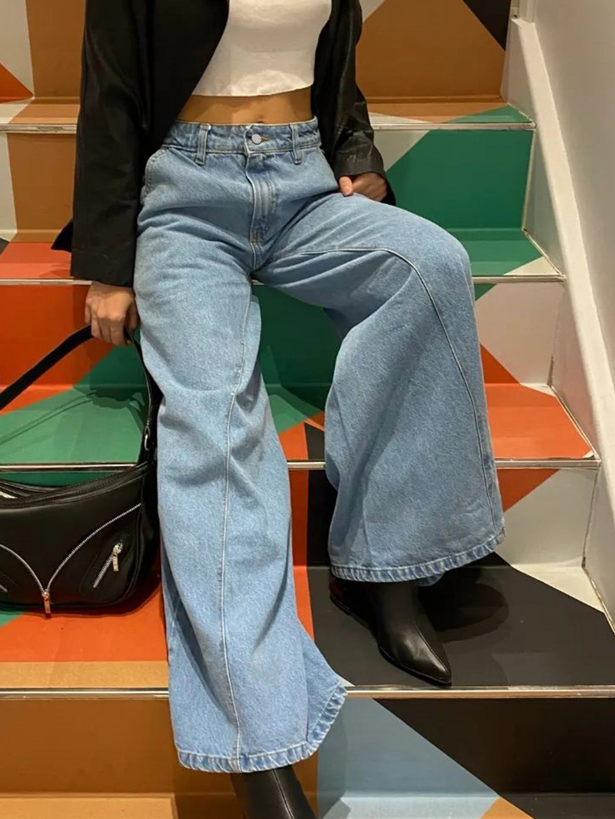 Women's High Waist Stitching Straight Jeans – Y2K Retro - Blue