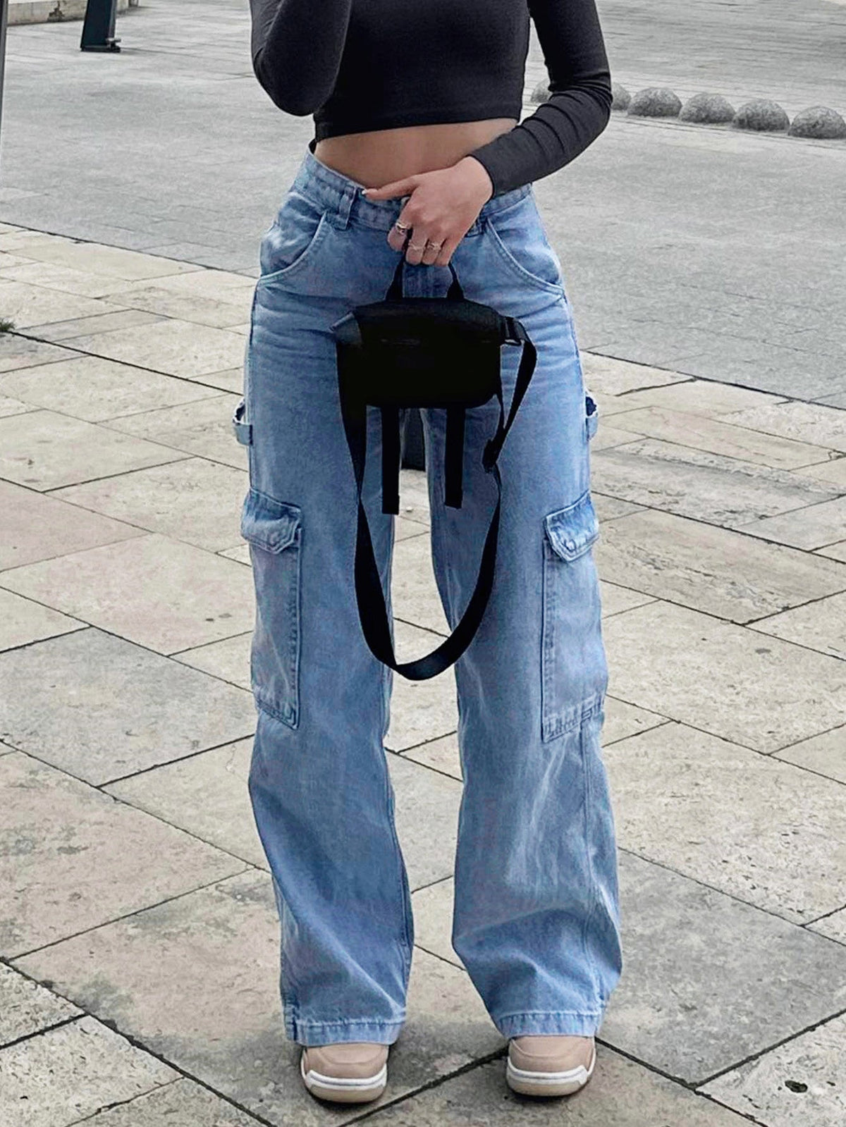 Women's Loose Straight Leg Jeans – Multi Pocket Washed - Blue