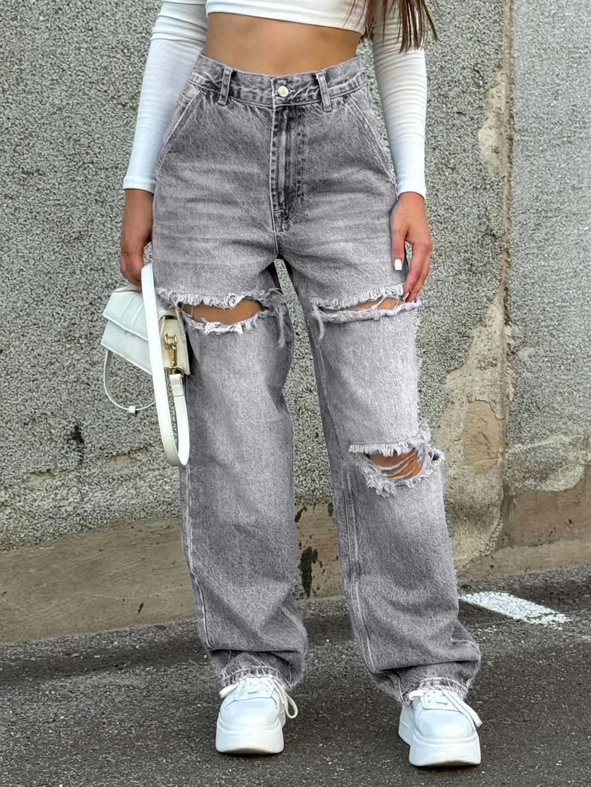 Women's Distressed Pocket Straight Leg Jeans – Y2K Casual - Grey