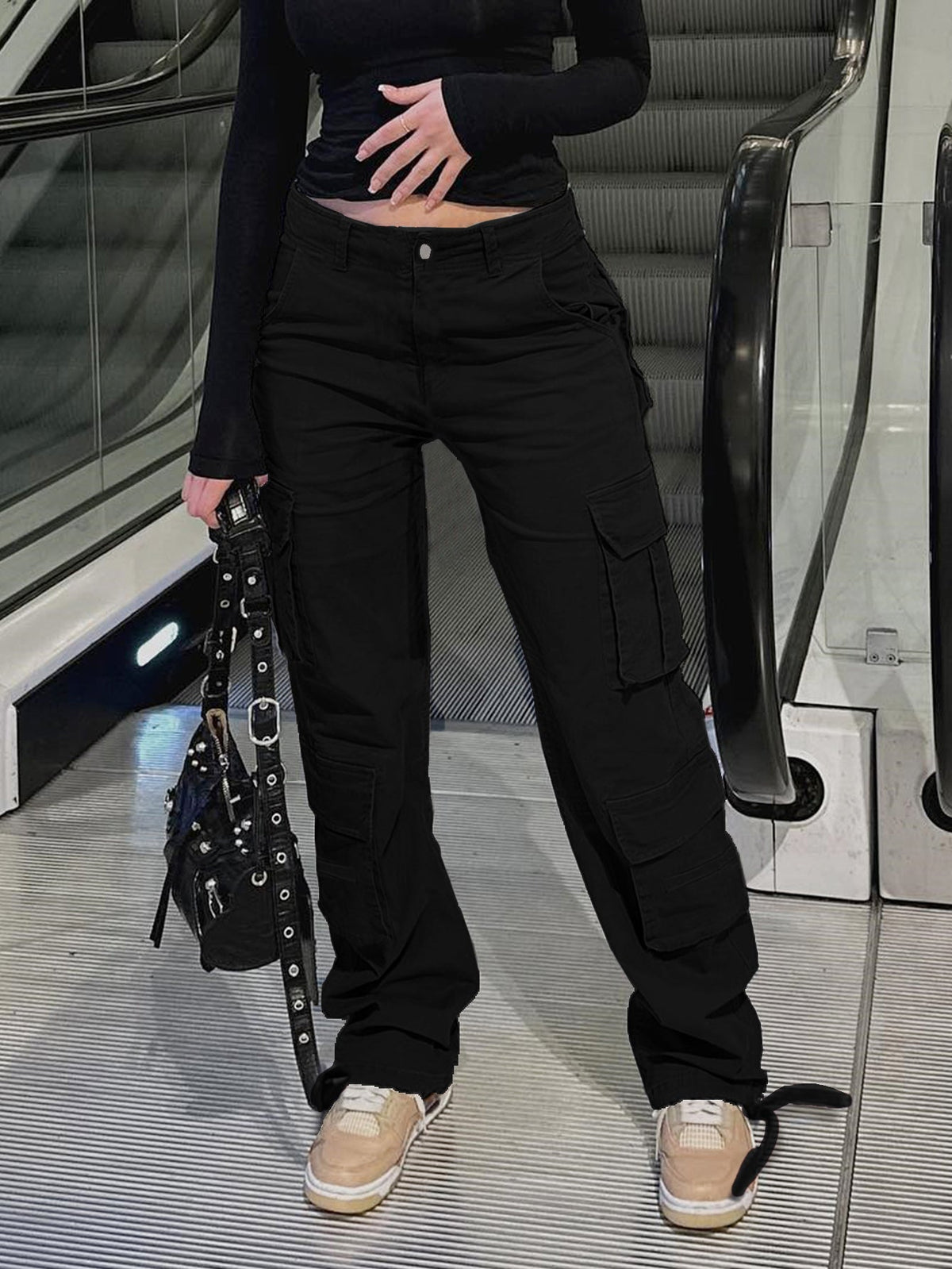 Women's High Waist Straight Leg Cargo Pants – Y2K - Black
