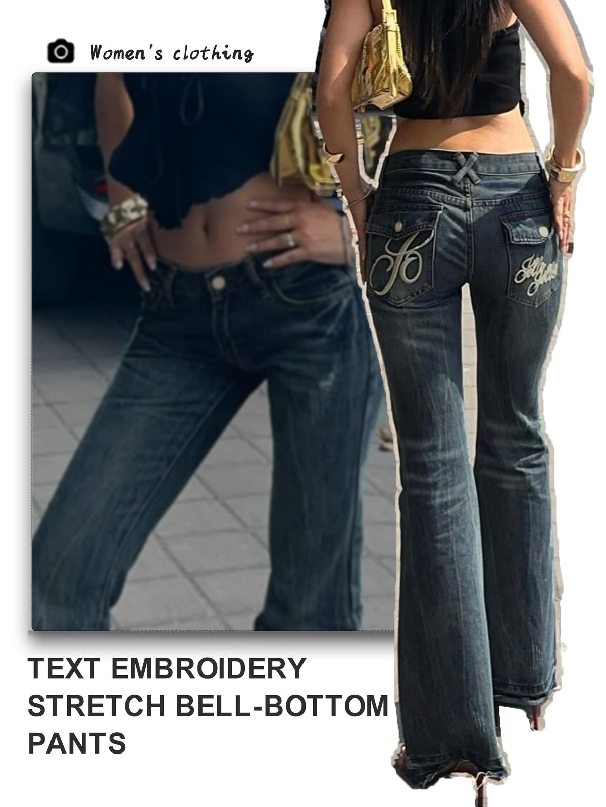 Women's Slim Flare Jeans – Tie-Dye, Embroidered Pockets - Dark Blue