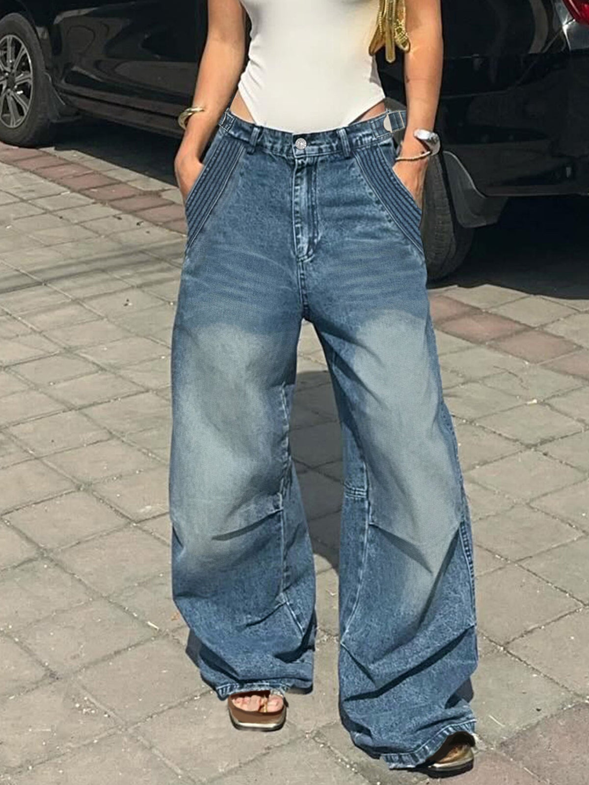 Y2K Streetwear Vintage Women's High Waist Straight Jeans Boyfriend Washed Loose - Blue