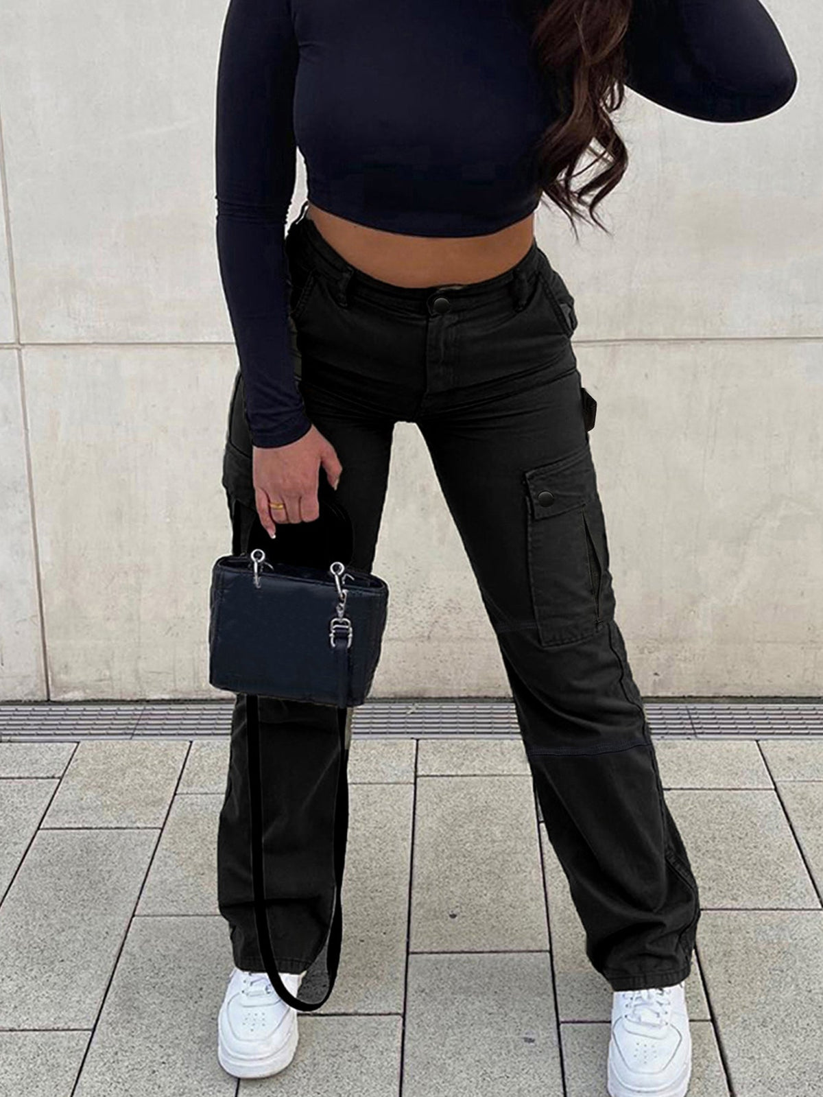 Women's Side Flap Pocket Cargo Pants – Dark Grey - Black