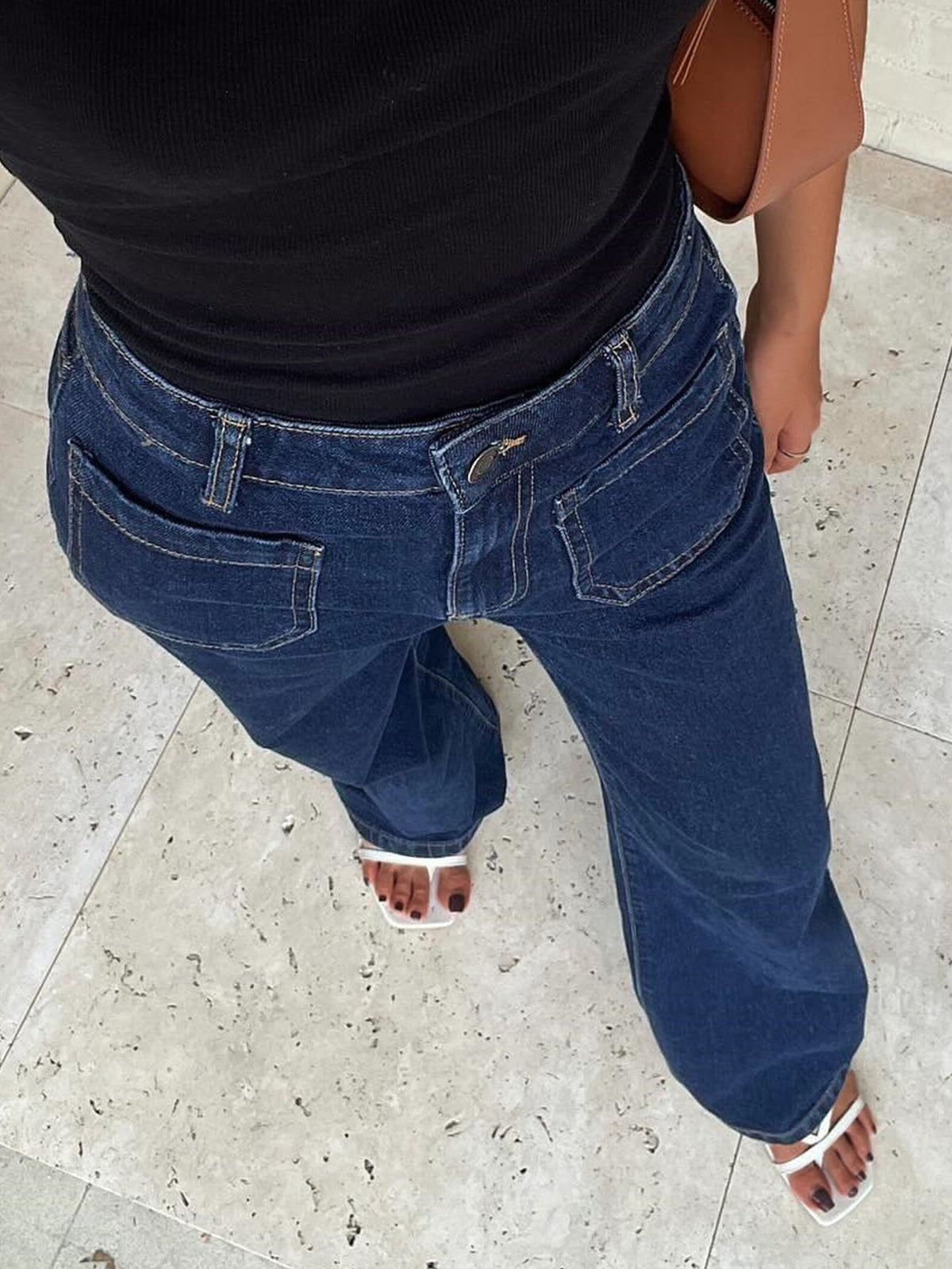 Women's Low Rise Loose Straight Leg Jeans – Washed Distressed Y2K - Dark Blue