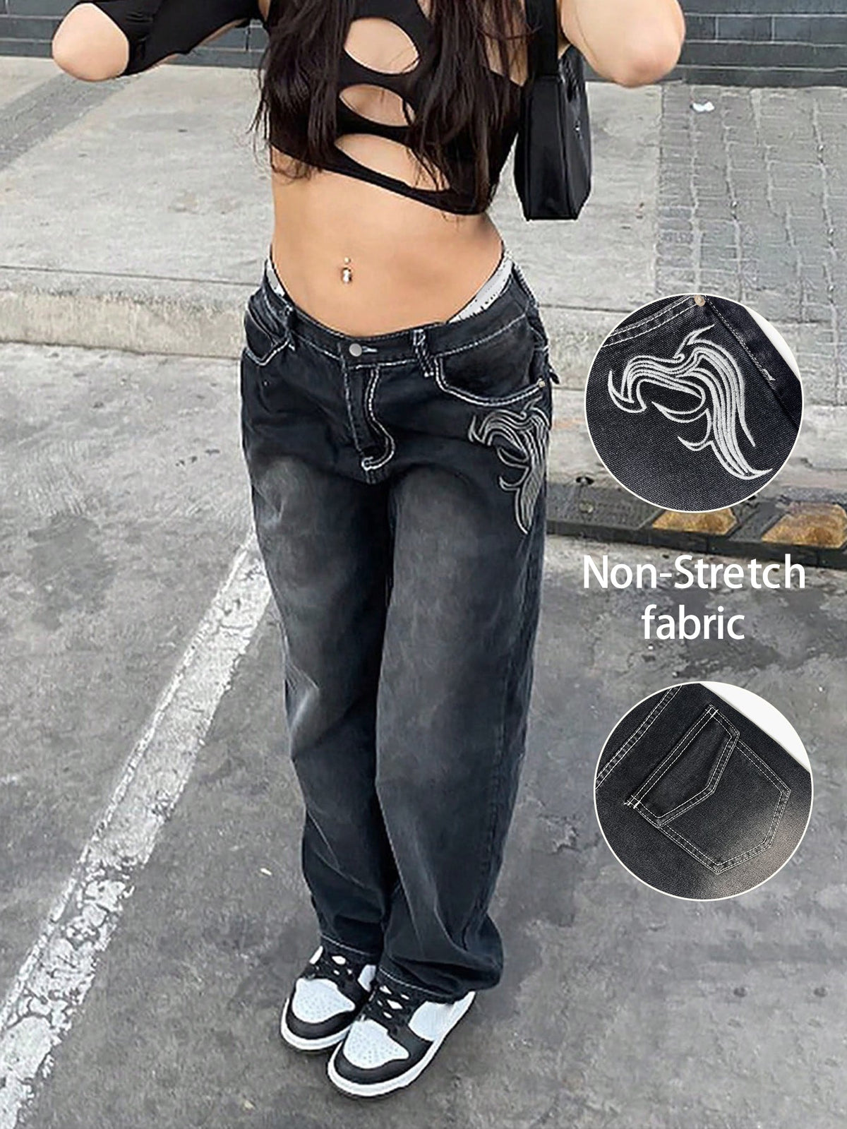 Women's Embroidered Black Skinny Straight Jeans With Pockets - Black
