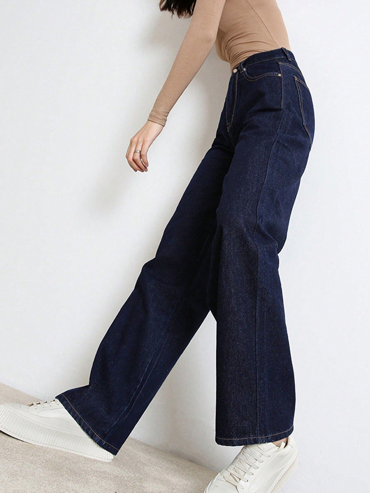Women's Loose Straight Leg Distressed Jeans, Mid Rise Y2K - Dark Blue