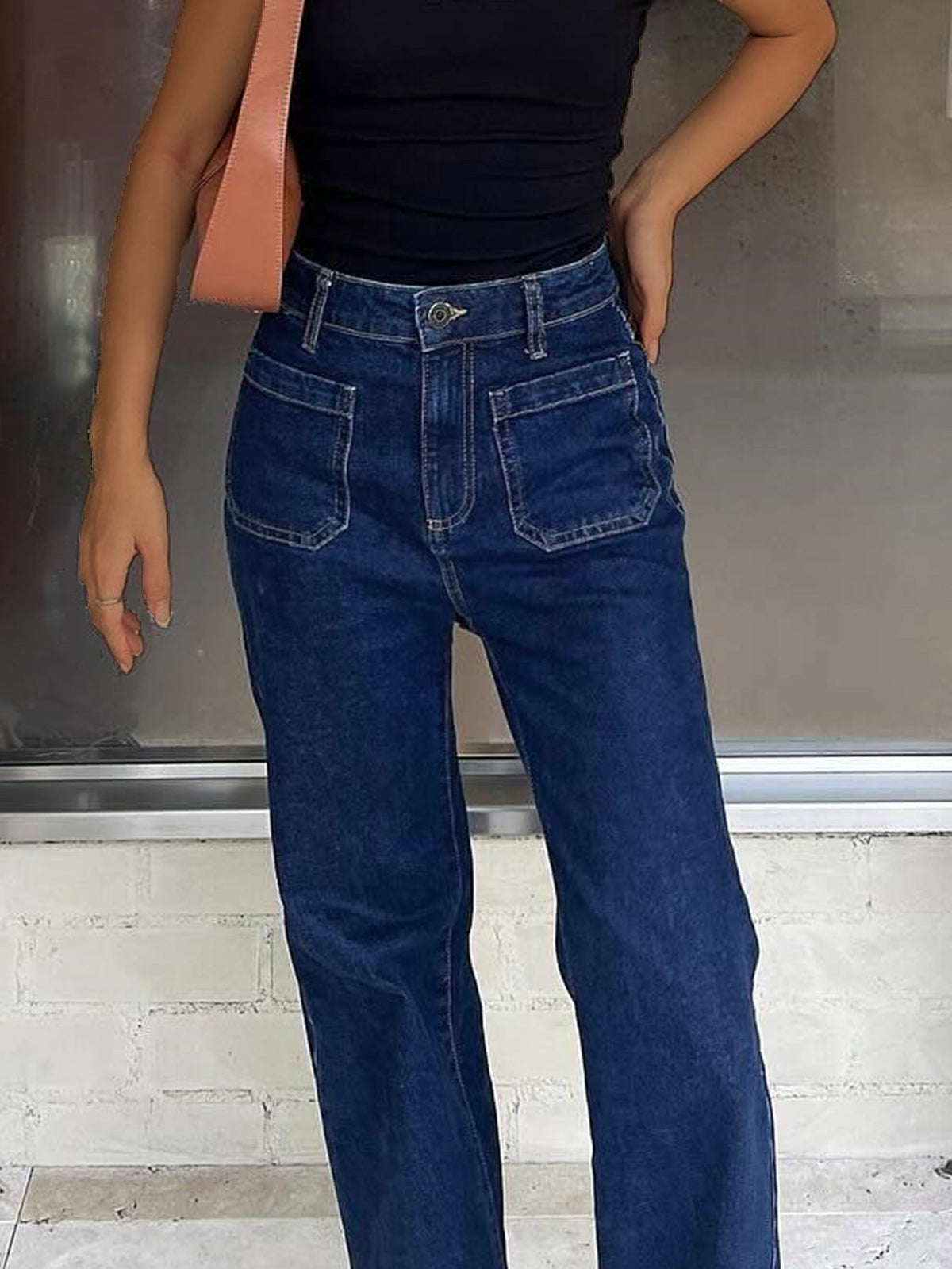 Women's Low Rise Loose Straight Leg Jeans – Washed Distressed Y2K - Dark Blue