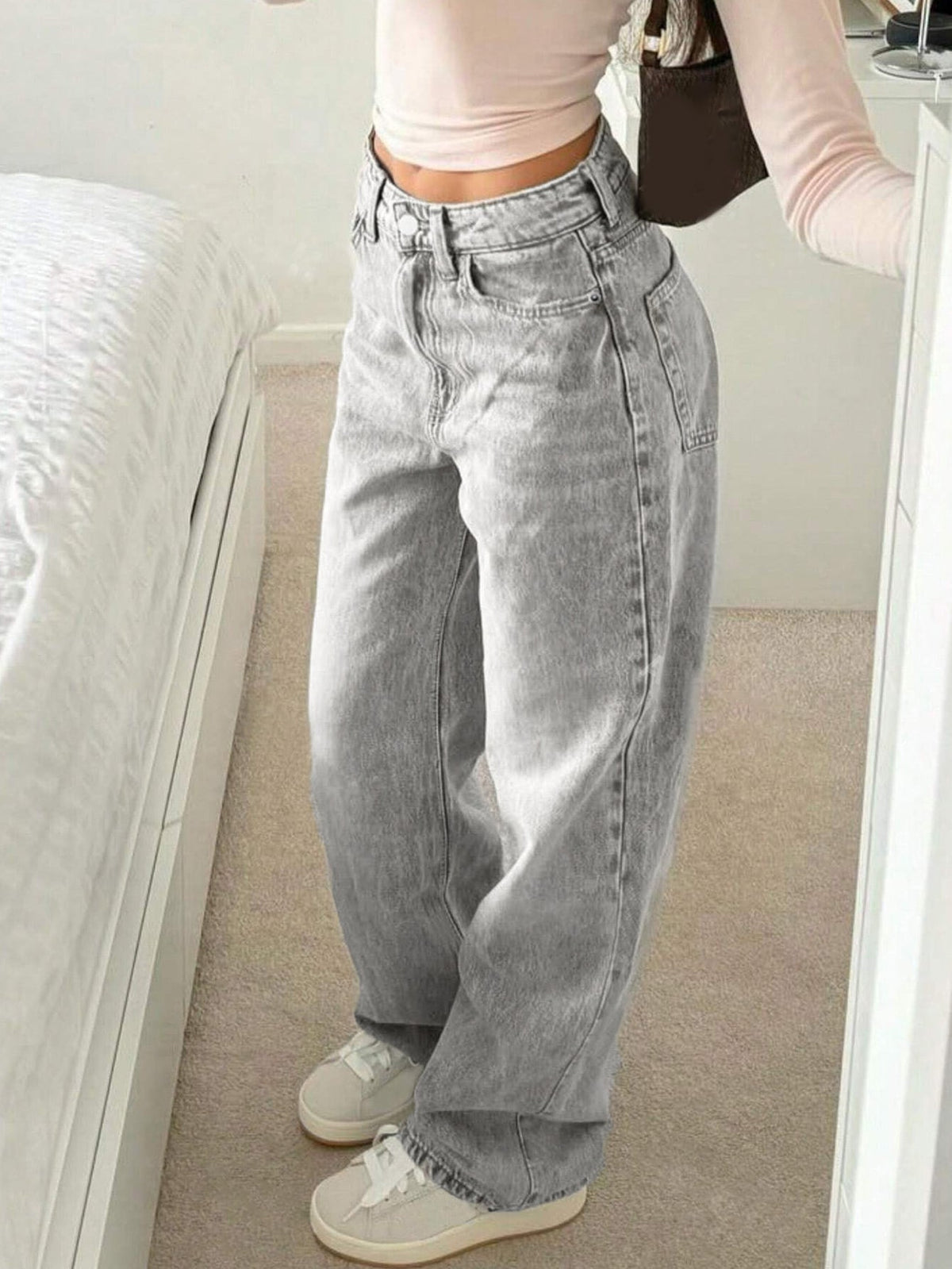Women's Baggy Straight Leg Jeans – Y2K Vintage Washed - Grey