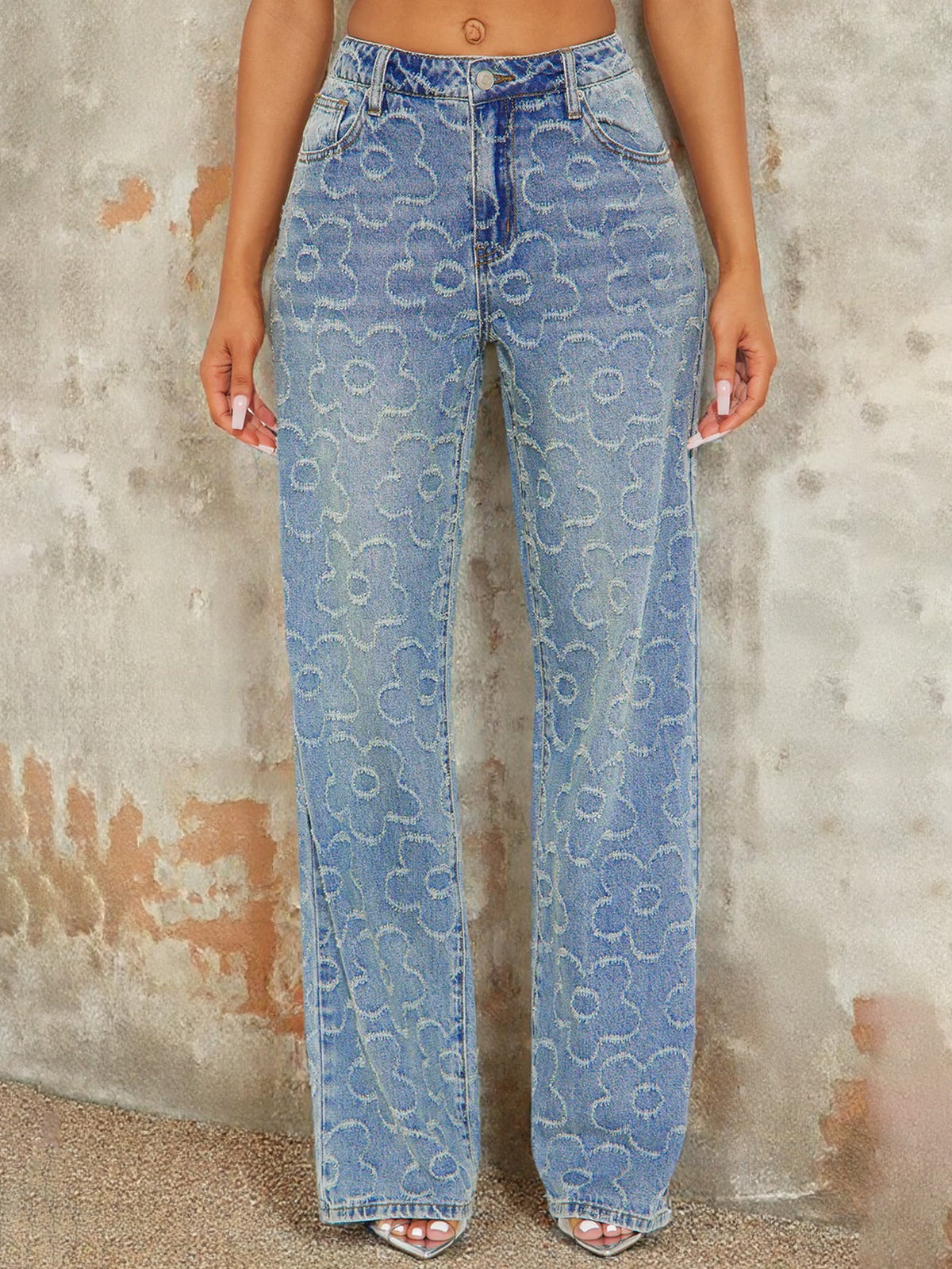 Y2K Loose Straight Jeans High Waist Washed Distressed Jacquard Retro Women's - Light Blue