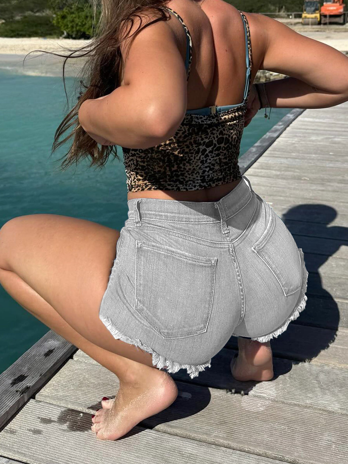 Women's Super Short Denim Shorts – Y2K Frayed Hem - Light Gray