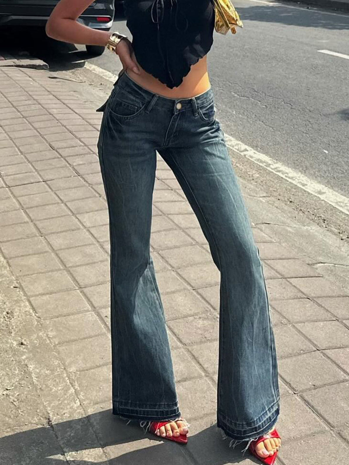 Women's Slim Flare Jeans – Tie-Dye, Embroidered Pockets - Dark Blue