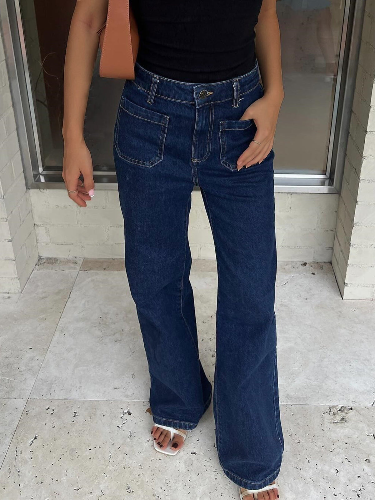 Women's Low Rise Loose Straight Leg Jeans – Washed Distressed Y2K - Dark Blue