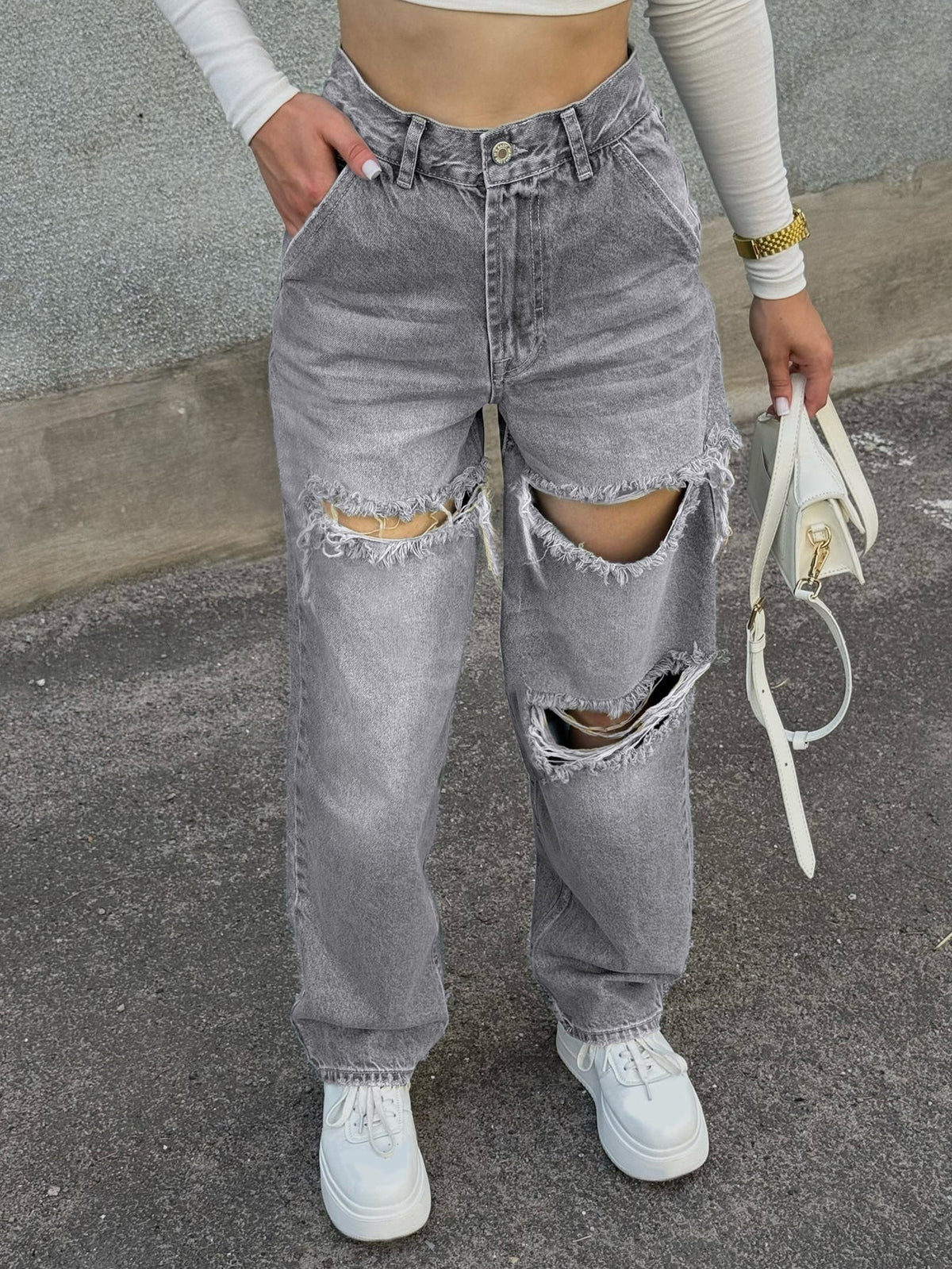 Women's Distressed Pocket Straight Leg Jeans – Y2K Casual - Grey