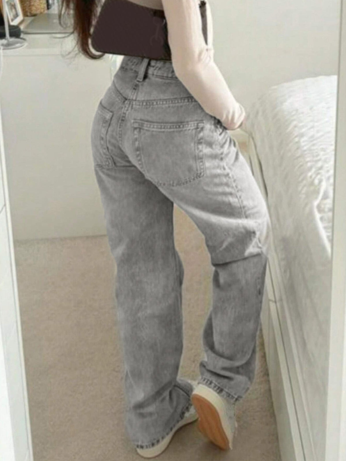 Women's Baggy Straight Leg Jeans – Y2K Vintage Washed - Grey