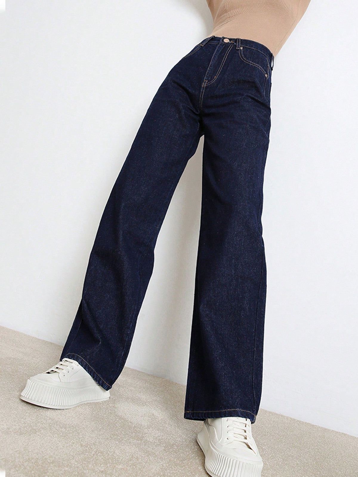 Women's Loose Straight Leg Distressed Jeans, Mid Rise Y2K - Dark Blue