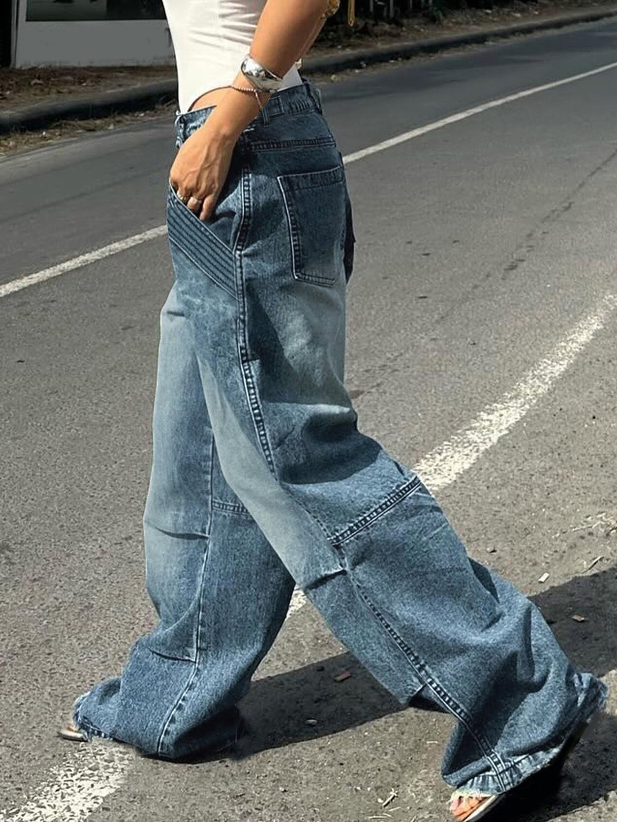 Y2K Streetwear Vintage Women's High Waist Straight Jeans Boyfriend Washed Loose - Blue