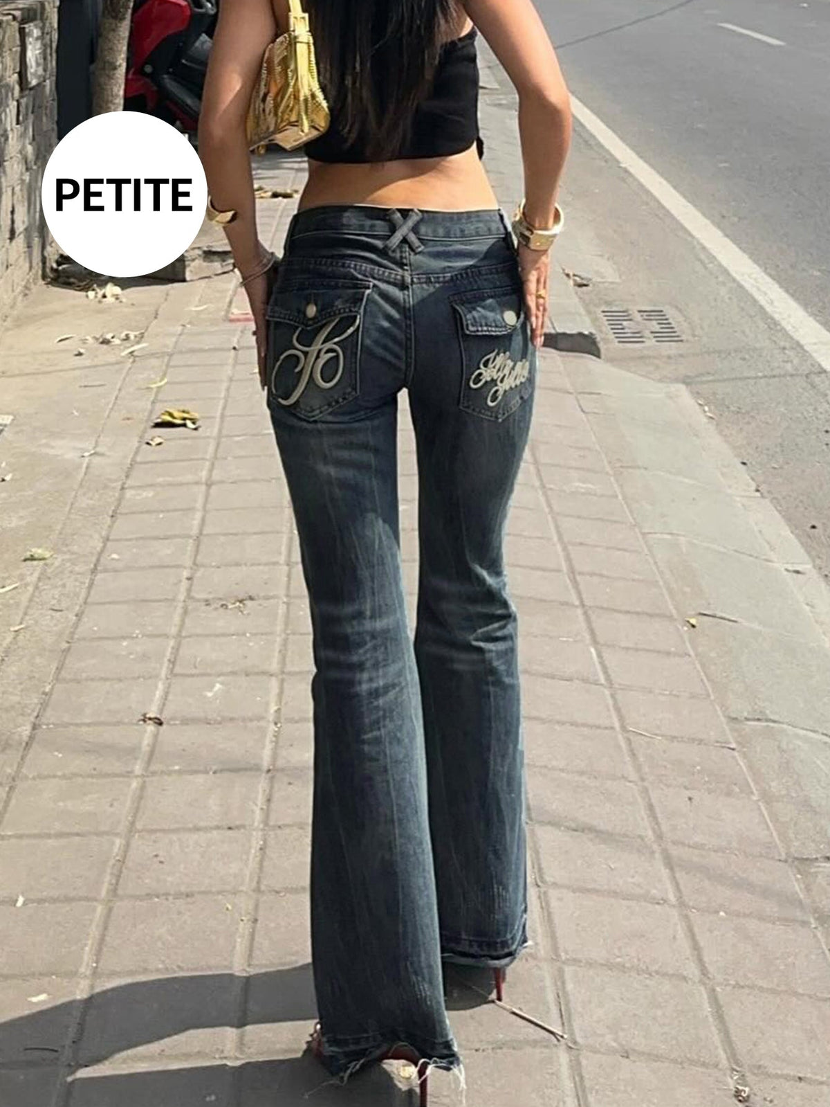 Women's Slim Flare Jeans – Tie-Dye, Embroidered Pockets - Dark Blue