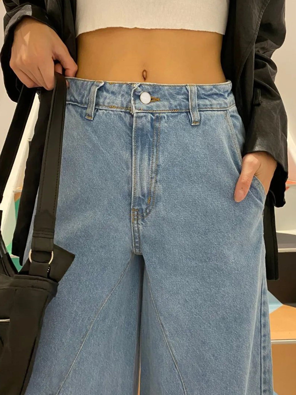 Women's High Waist Stitching Straight Jeans – Y2K Retro - Blue