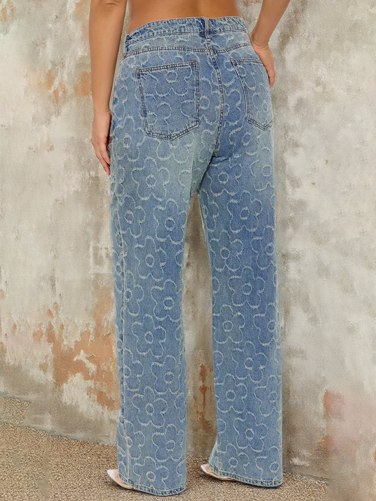 Y2K Loose Straight Jeans High Waist Washed Distressed Jacquard Retro Women's - Light Blue