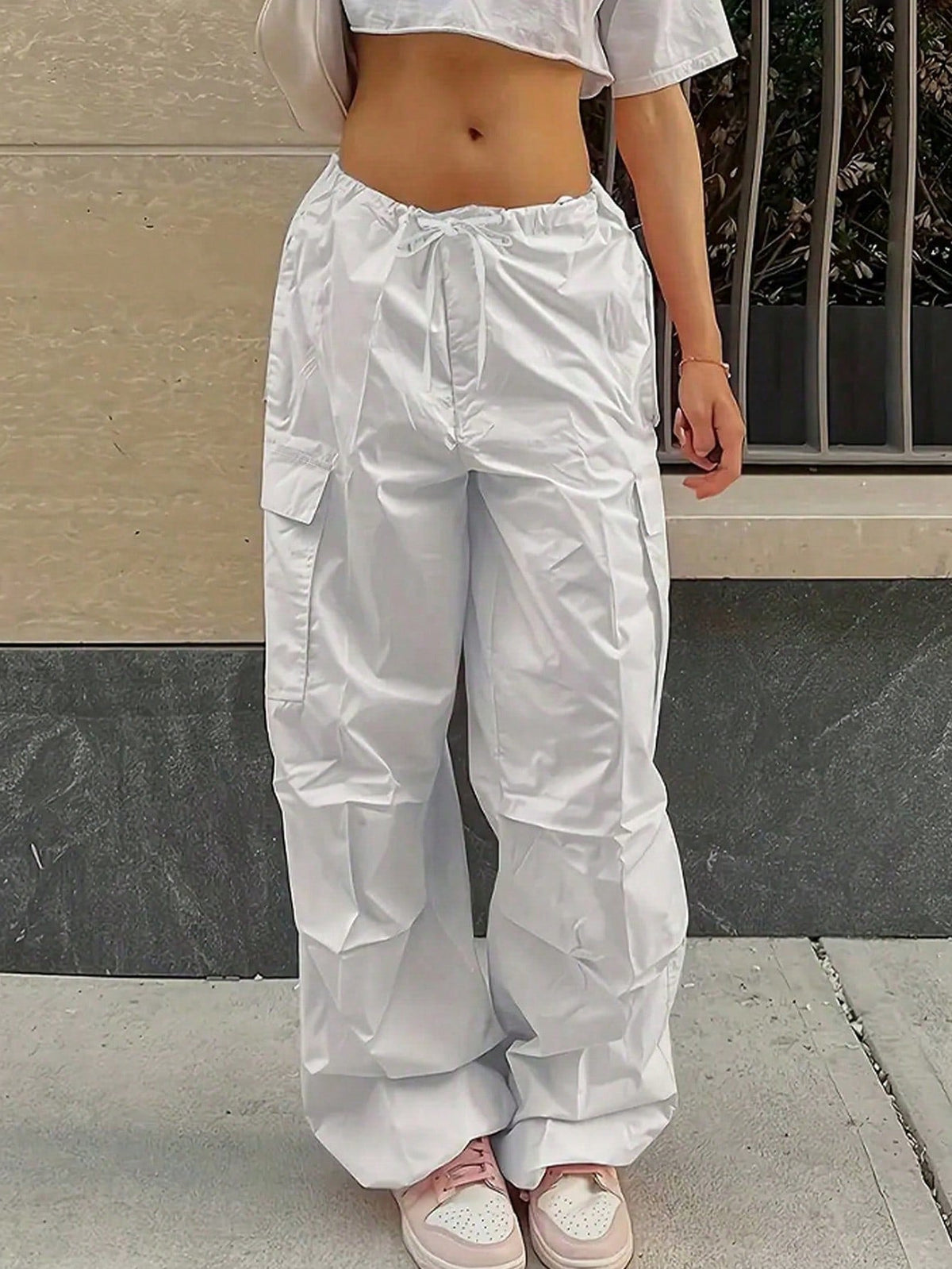 Solid Drawstring Pocket Pants - White