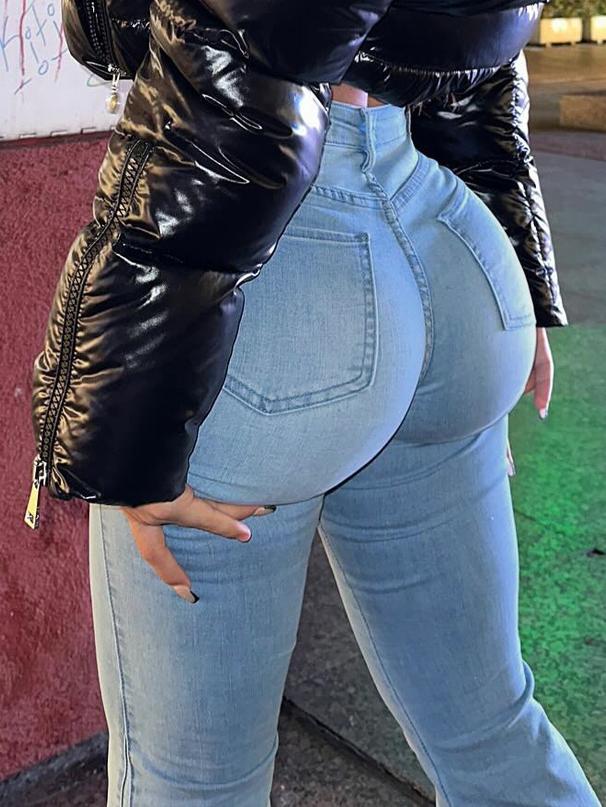 Women's Slim Fit Flared Jeans – High Waist Blue - Light Blue