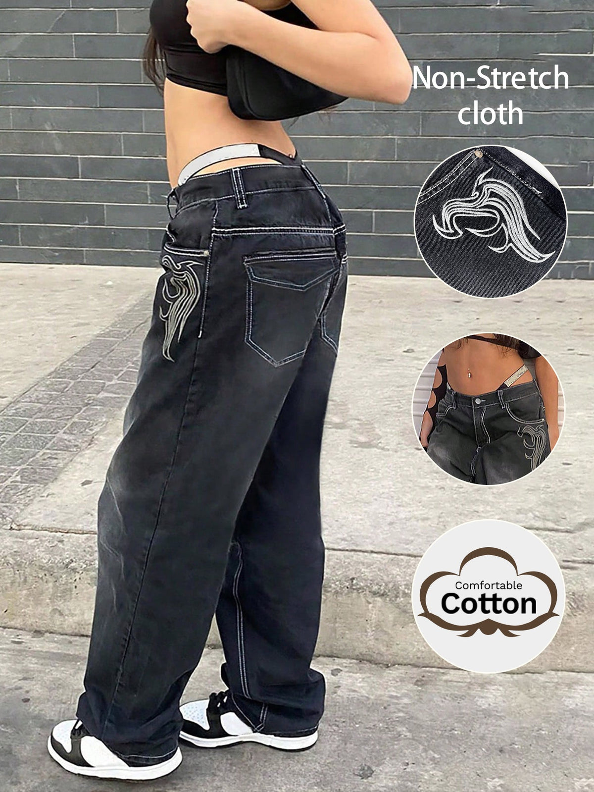 Women's Embroidered Black Skinny Straight Jeans With Pockets - Black