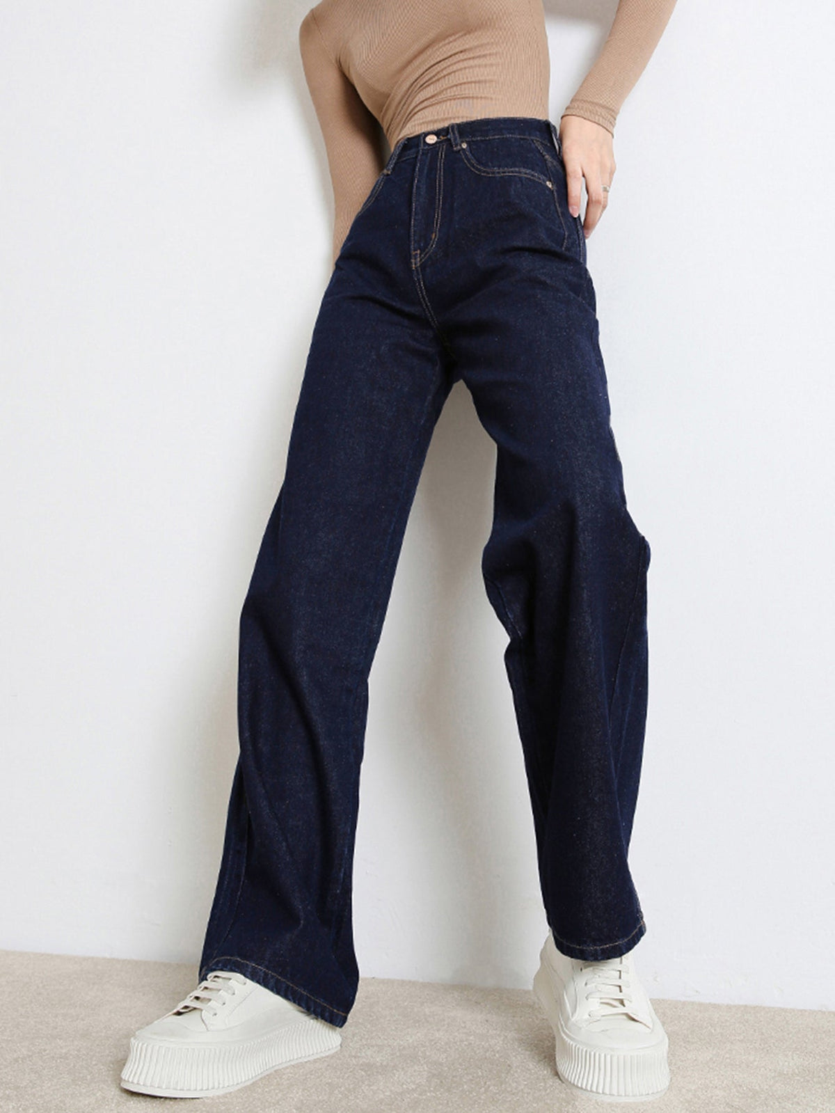 Women's Loose Straight Leg Distressed Jeans, Mid Rise Y2K - Dark Blue