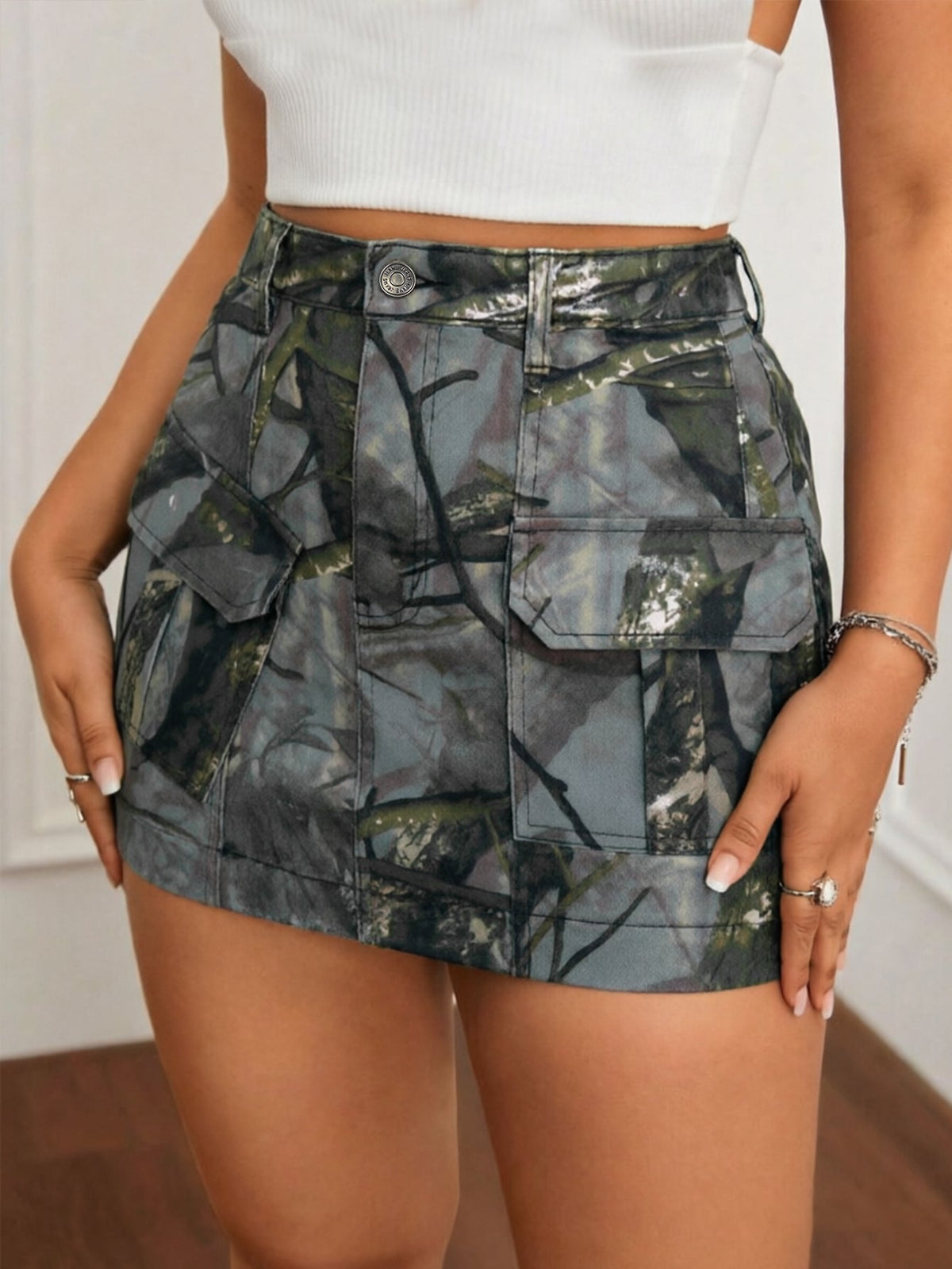 Women's Camouflage Short Bodycon Skirt Y2k Street Zipper Pockets - Flora