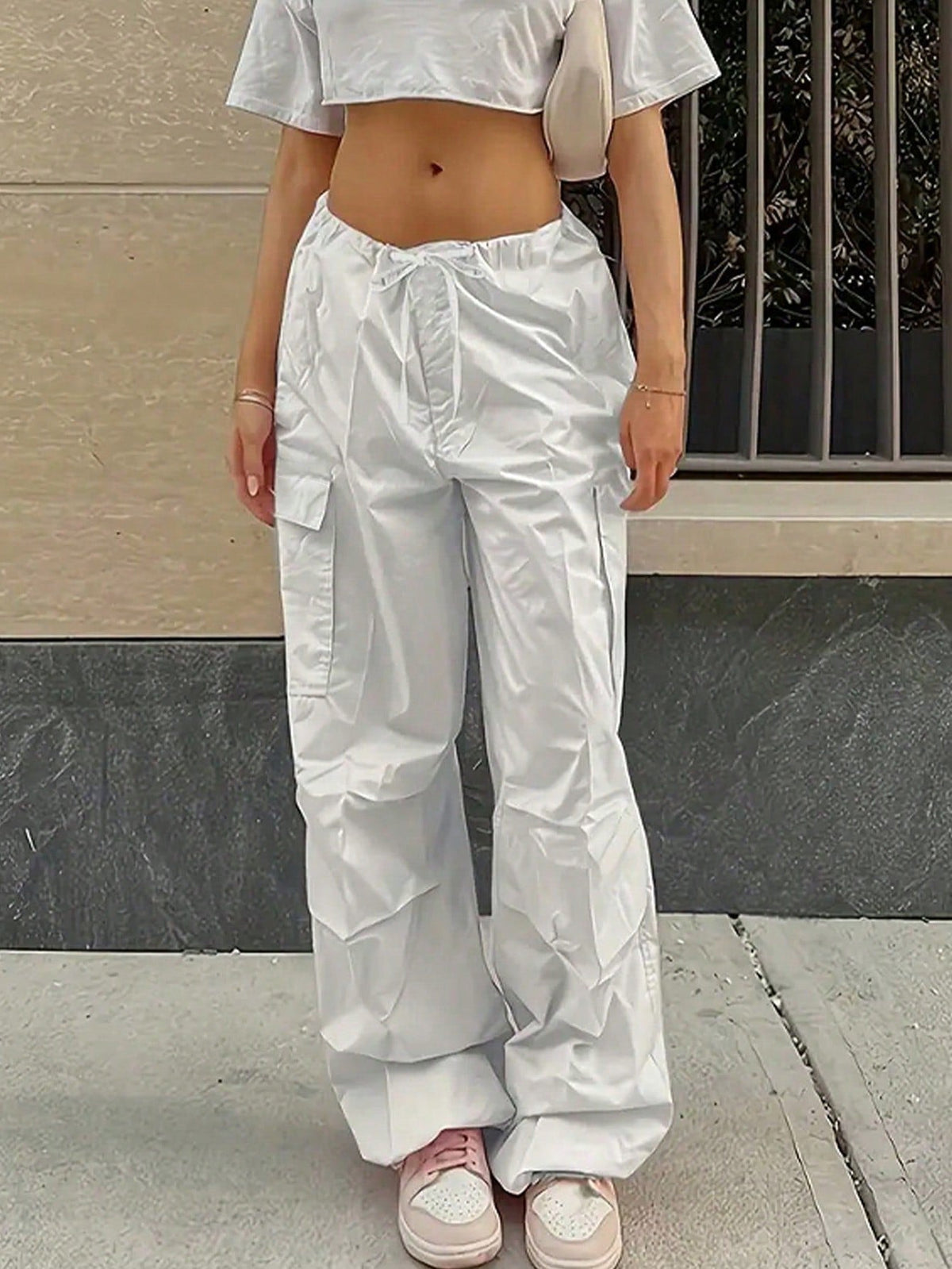 Solid Drawstring Pocket Pants - White