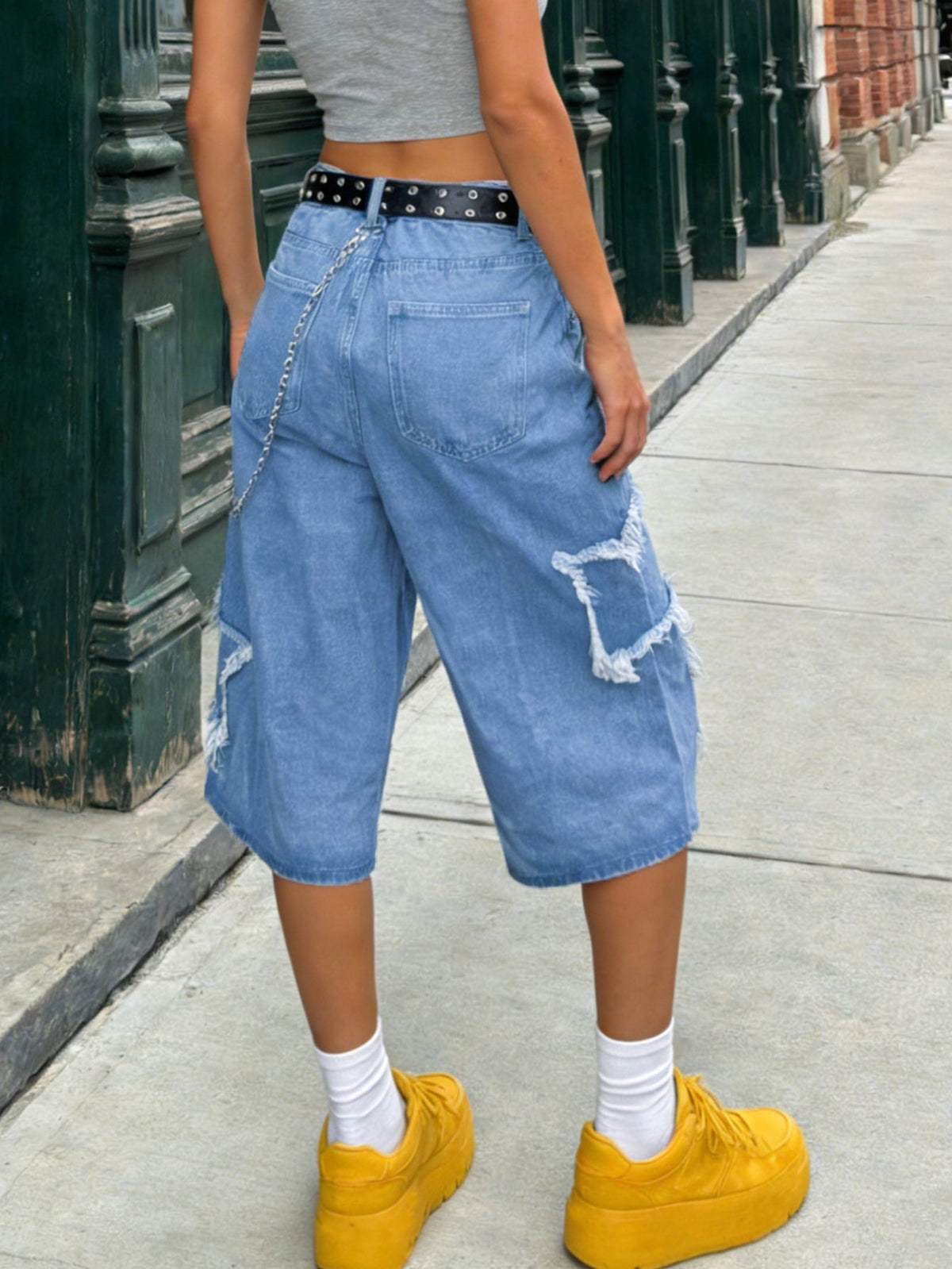 Women's High Waist Straight Leg Shorts Denim Bermuda Button Fly With Pockets Star Pattern - Blue
