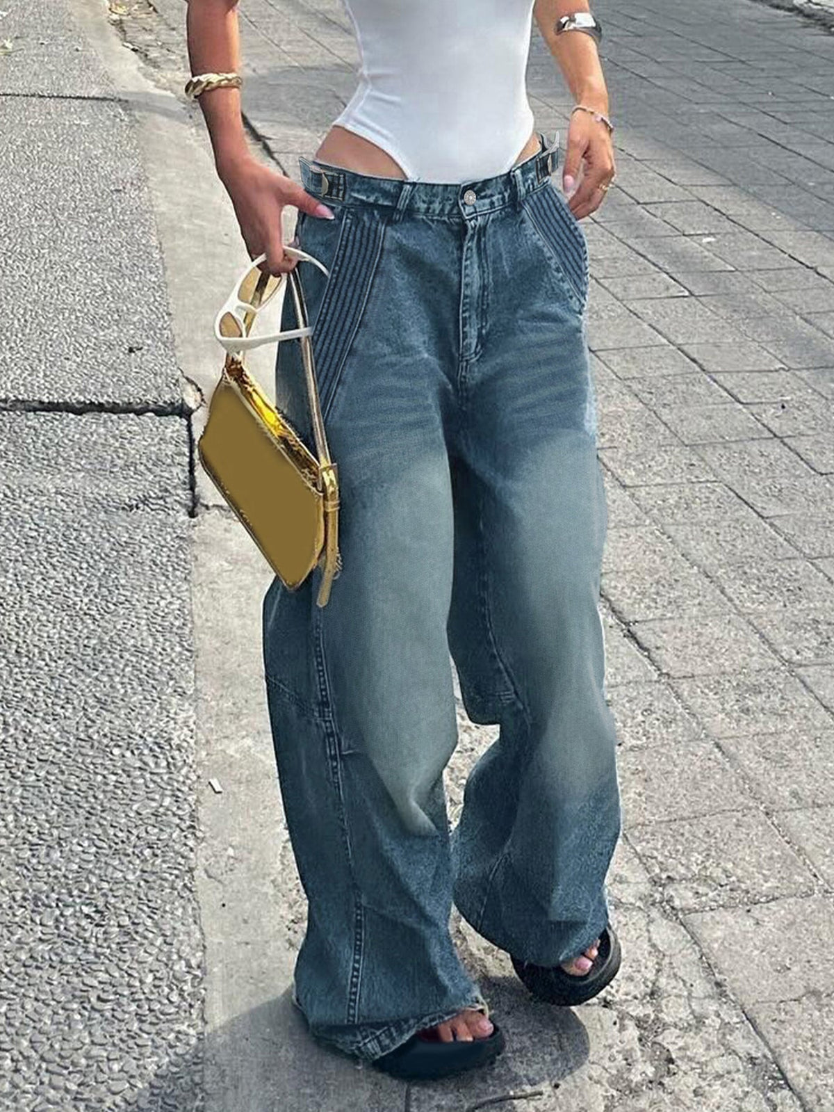Y2K Streetwear Vintage Women's High Waist Straight Jeans Boyfriend Washed Loose - Blue