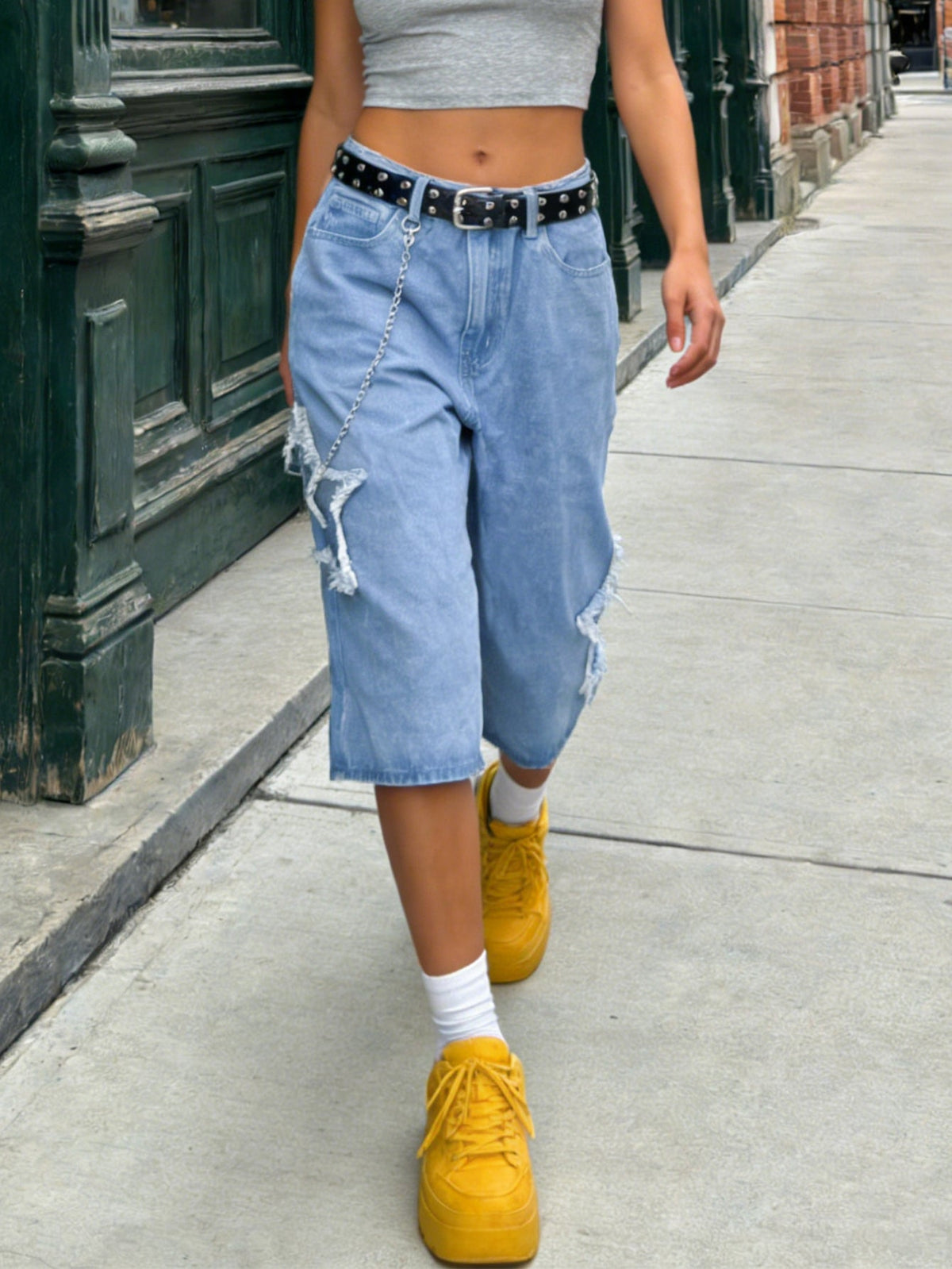 Women's High Waist Straight Leg Shorts Denim Bermuda Button Fly With Pockets Star Pattern - Blue