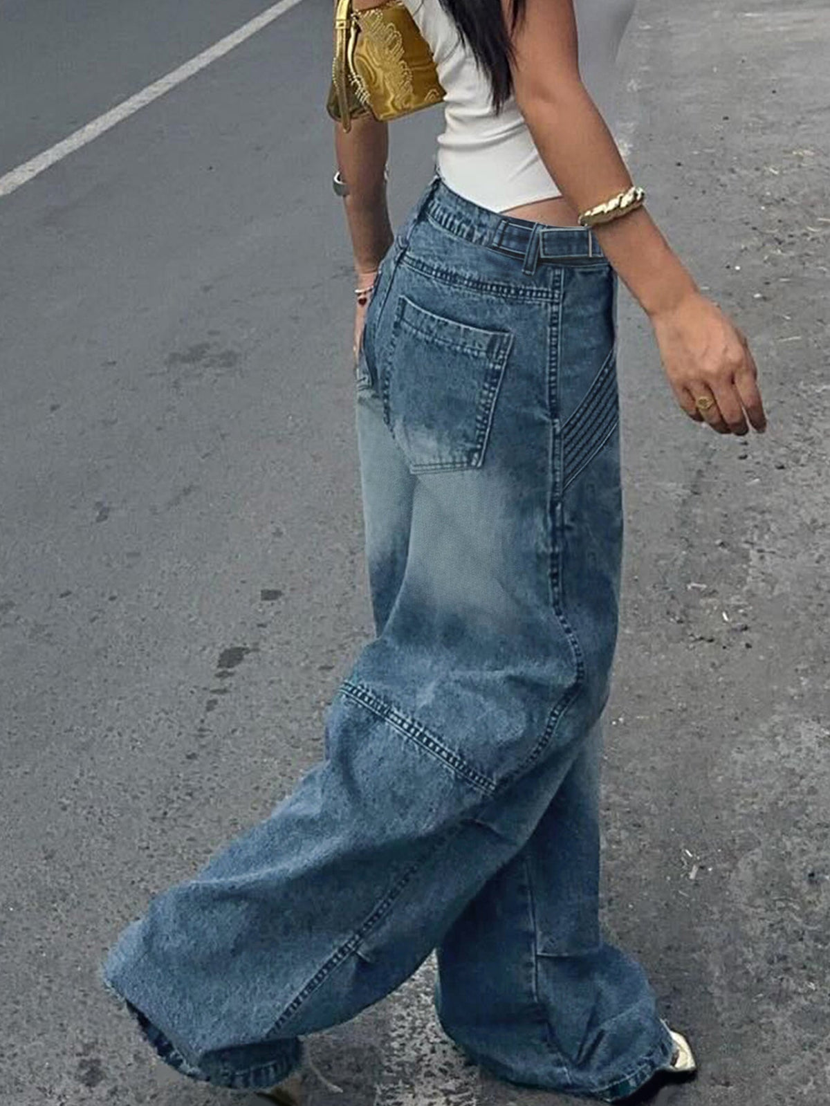 Y2K Streetwear Vintage Women's High Waist Straight Jeans Boyfriend Washed Loose - Blue