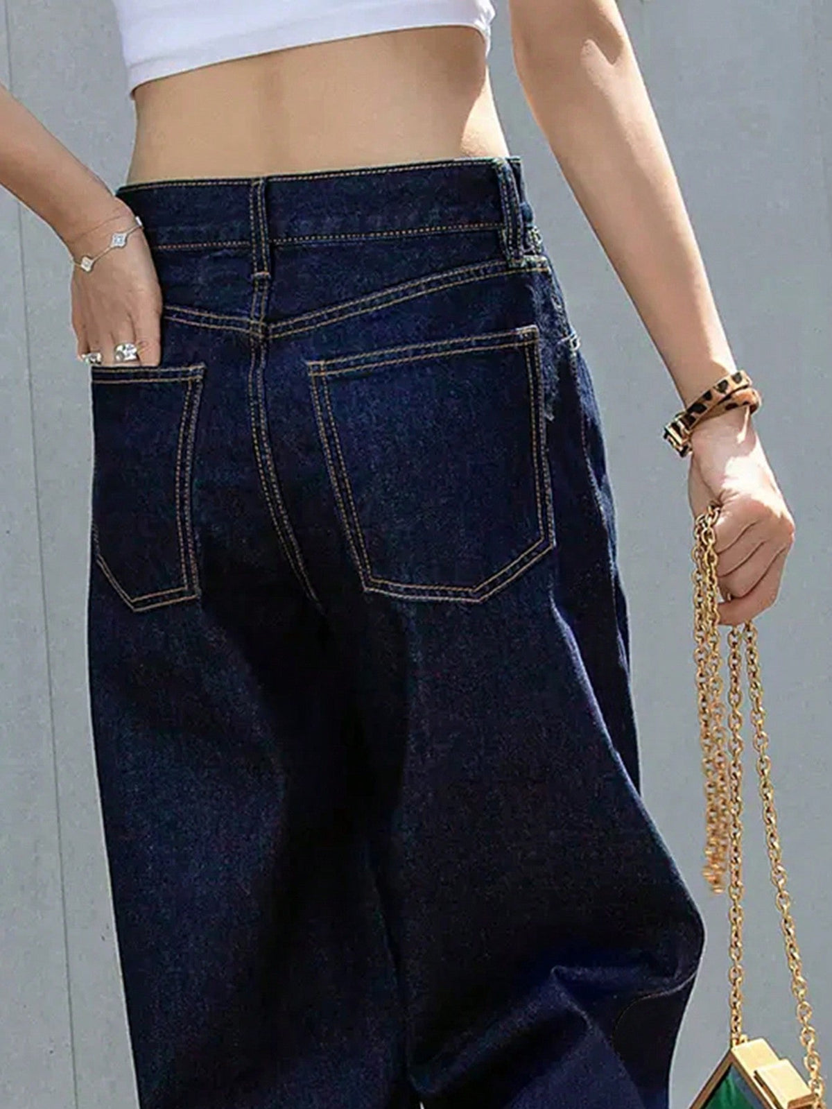 Women's Loose Straight Leg Distressed Jeans, Mid Rise Y2K - Dark Blue