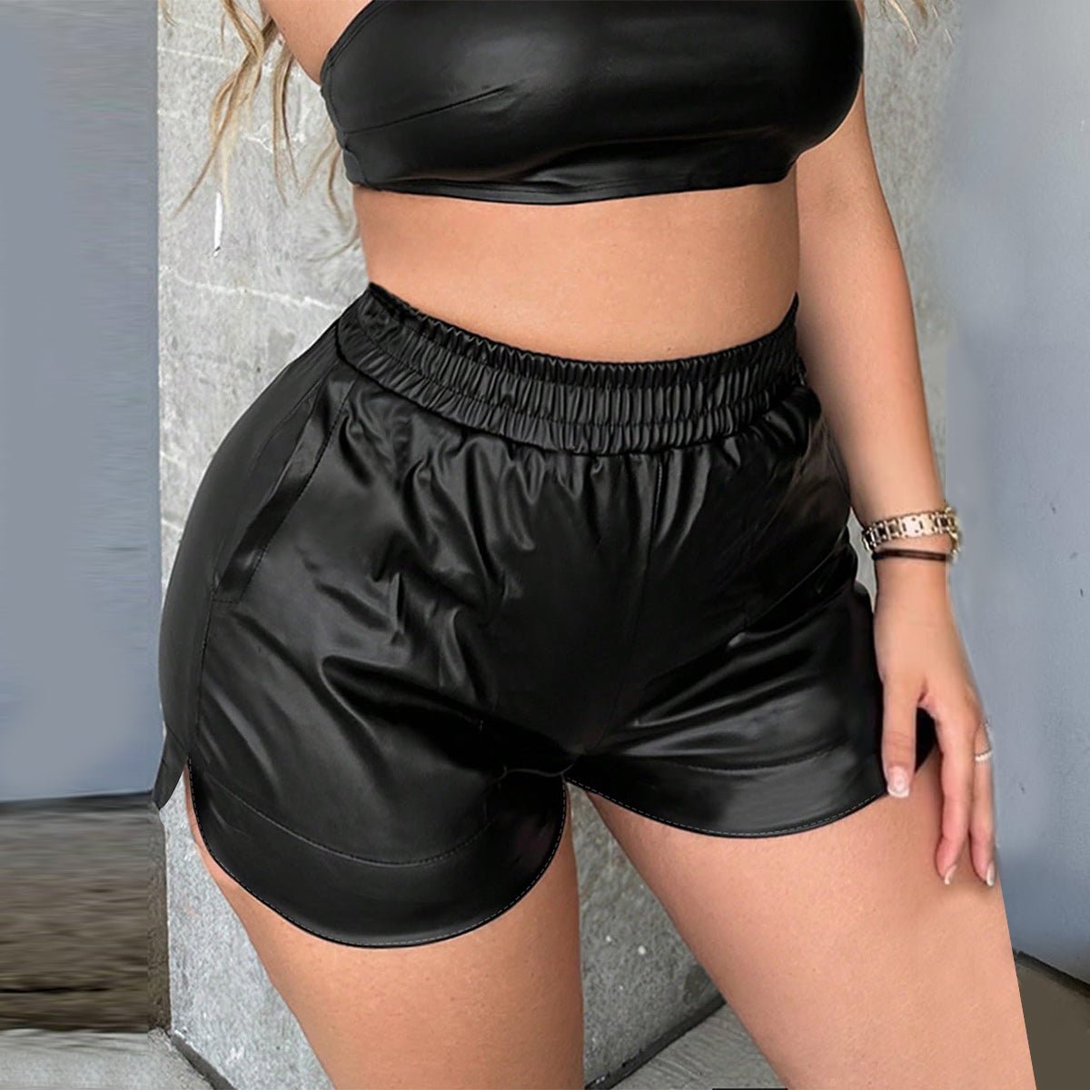 Women's High Waist Faux Leather Shorts - Black
