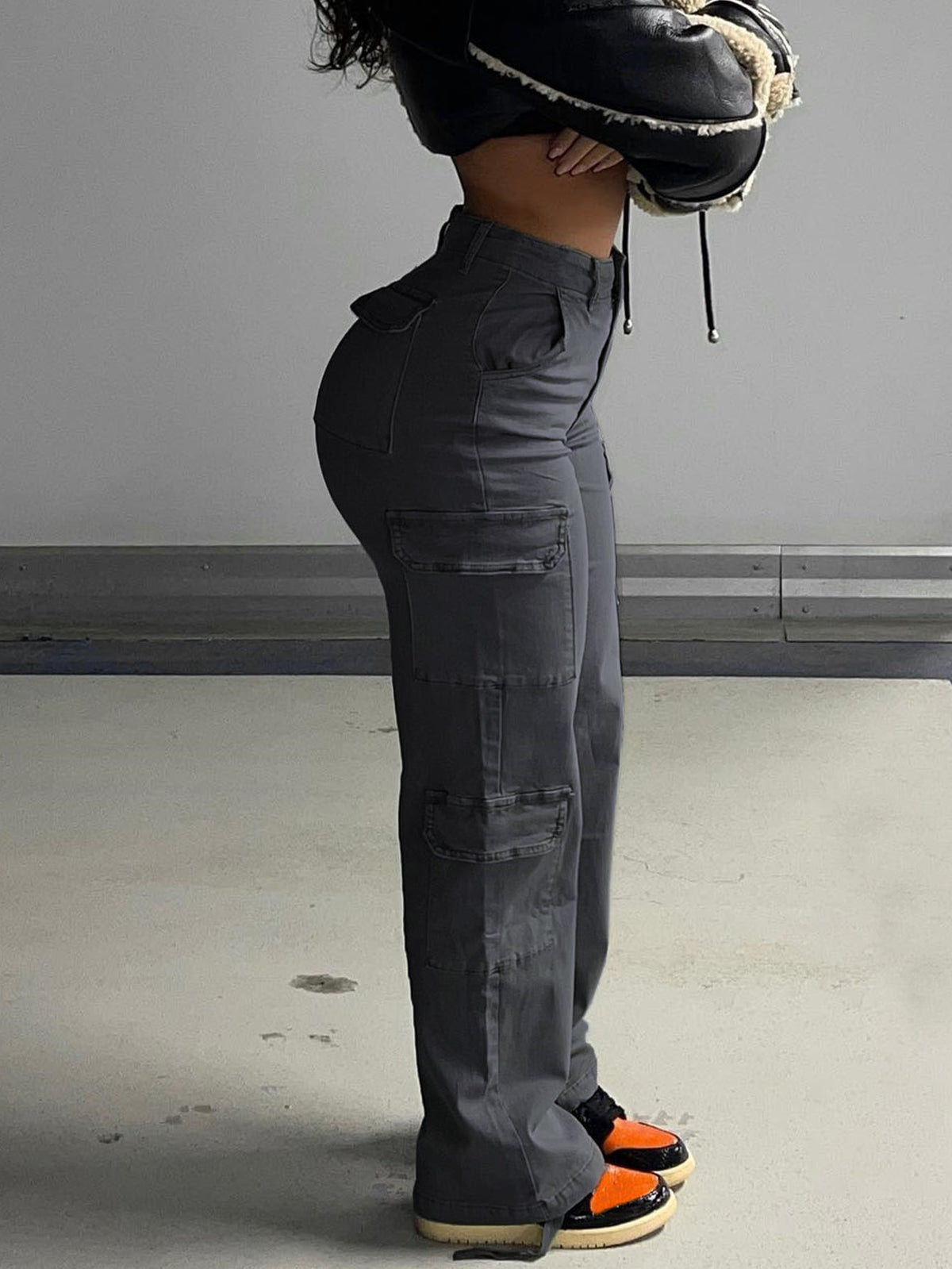 Women's High Waist Multi-Pocket Cargo Pants – Dark Grey - Dark Gray
