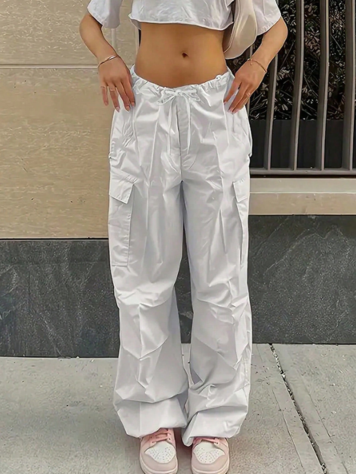 Solid Drawstring Pocket Pants - White