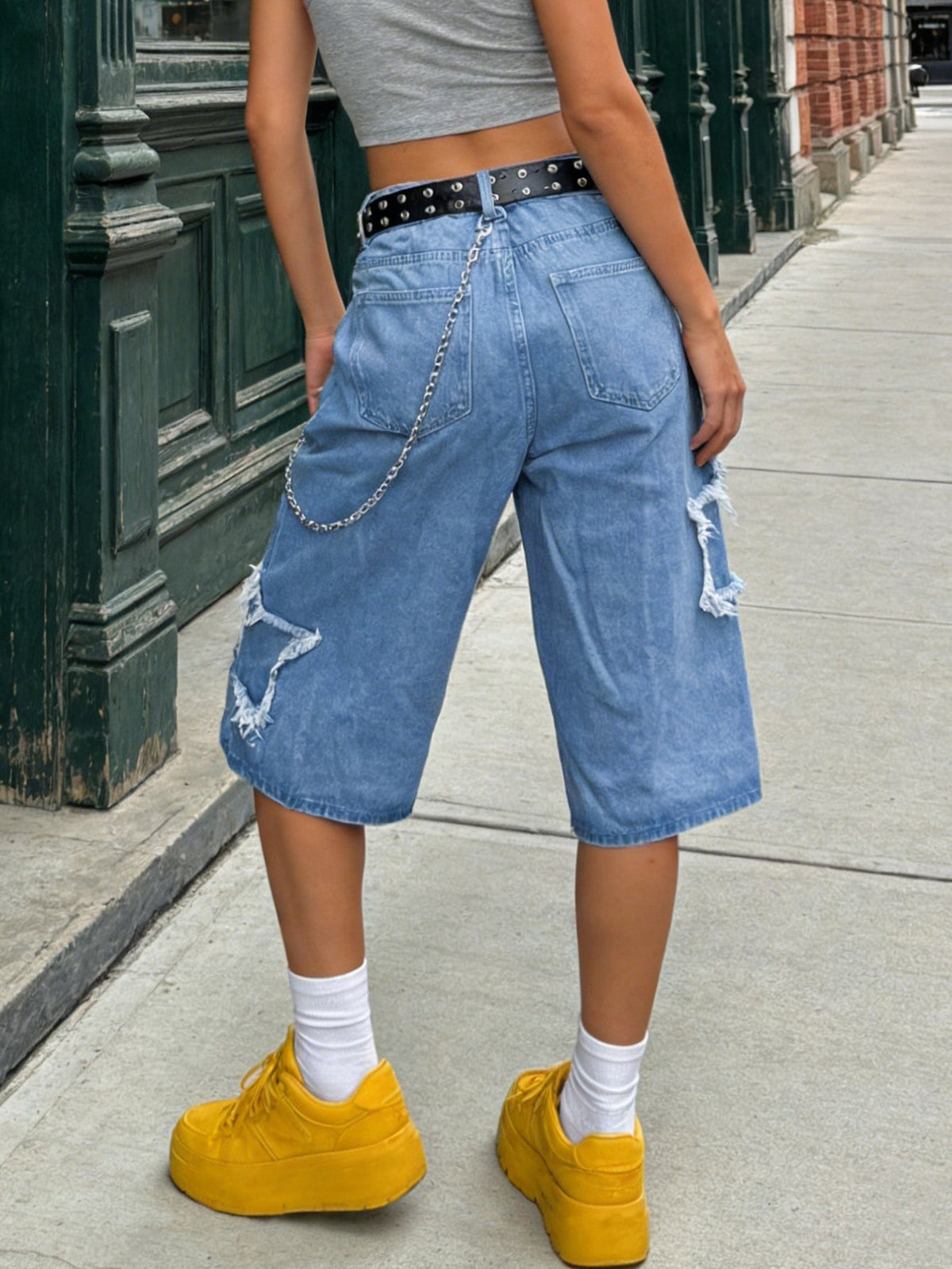 Women's High Waist Straight Leg Shorts Denim Bermuda Button Fly With Pockets Star Pattern - Blue