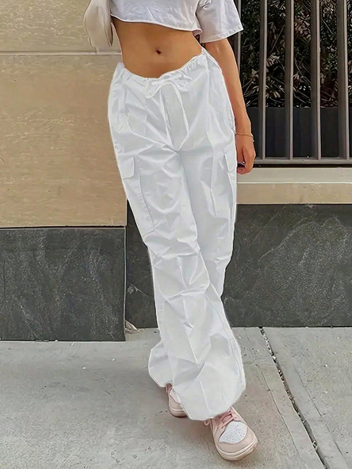 Solid Drawstring Pocket Pants - White