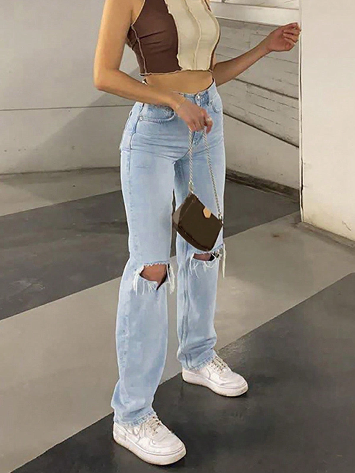 Women's Distressed Straight Leg Jeans – Light Grey Vintage - light blue